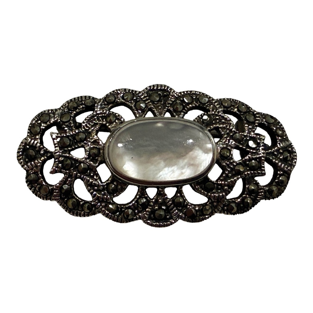 Vintage Sterling Silver .925 Marcasite Moonstone Cabochon Center Oval Brooch